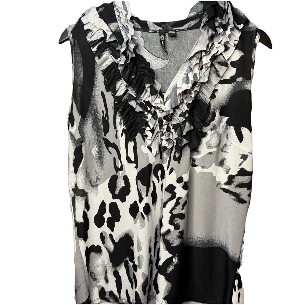Milano Women's Large Leopard Print Ruffled Neck Sleeveless Top Blouse